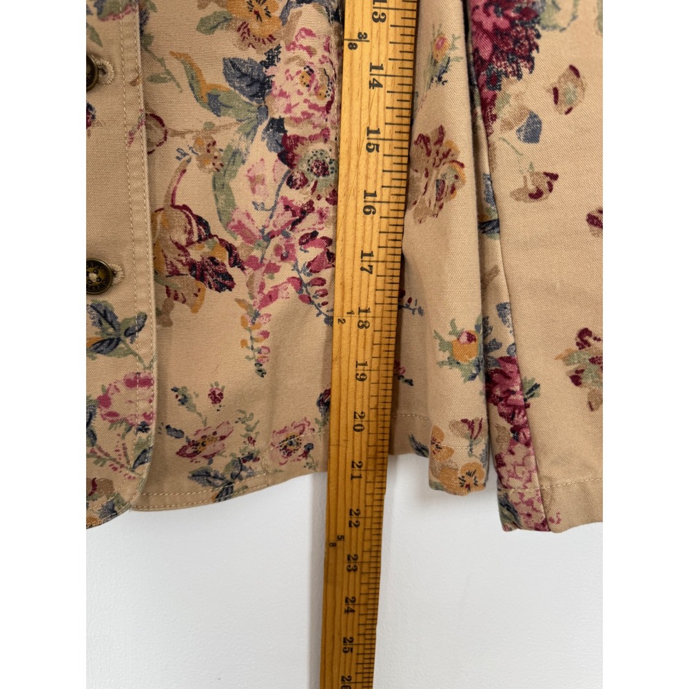 Cottagecore Chaps Denim Womens Sm Jacket Tan Floral Puff Sleeve Mandarin Collar - Picture 6 of 8
